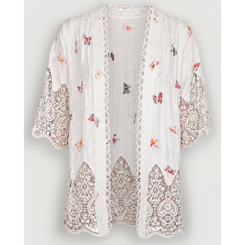 London Kaye Pretty One Size Cream Crochet Butterfly Open Front Embroidered Top